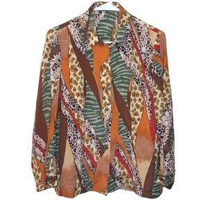 Vintage NEW Silk King Shirt Multicolor Women L Button Up 100% Silk Animal Print